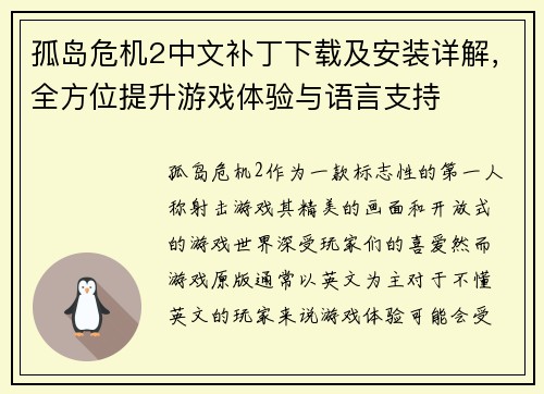 孤岛危机2中文补丁下载及安装详解，全方位提升游戏体验与语言支持